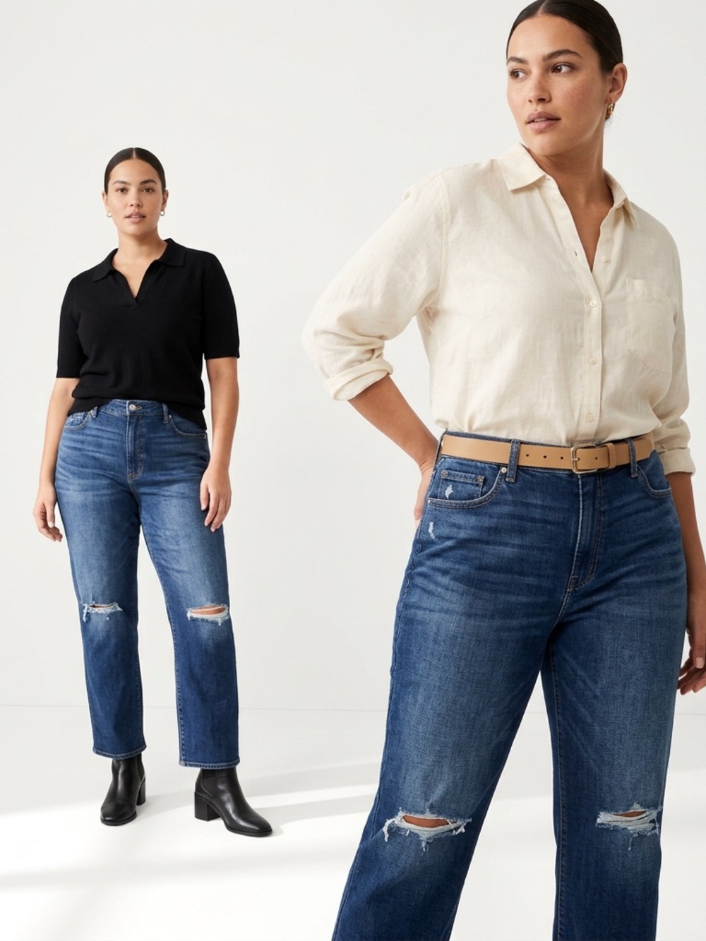 Old Navy Women's Straight-Leg Jeans in Medium Blue with Knee Rips